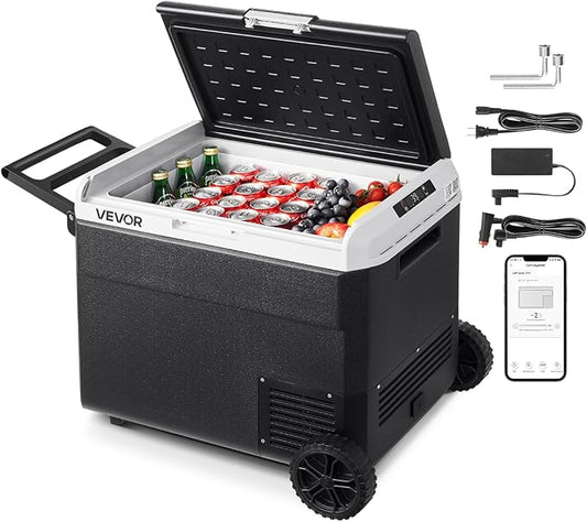 VEVOR 63.4QT/60L Car Fridge, Portable Electric Cooler with Wheels and Handle, -4℉~68℉, 12/24V DC and 100-240V AC Compressor Freezer for Outdoor, Camping, Travel, RV, Black