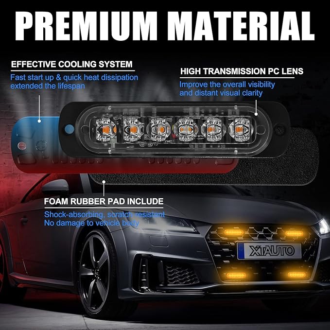 10pcs LED Emergency Strobe Light, 6-LED Ultra Slim Surface Mount Flashing Warning Beacon Hazard Construction Caution Grille Light Bar for Truck Car Off Road Vehicles SUV ATV (Amber)