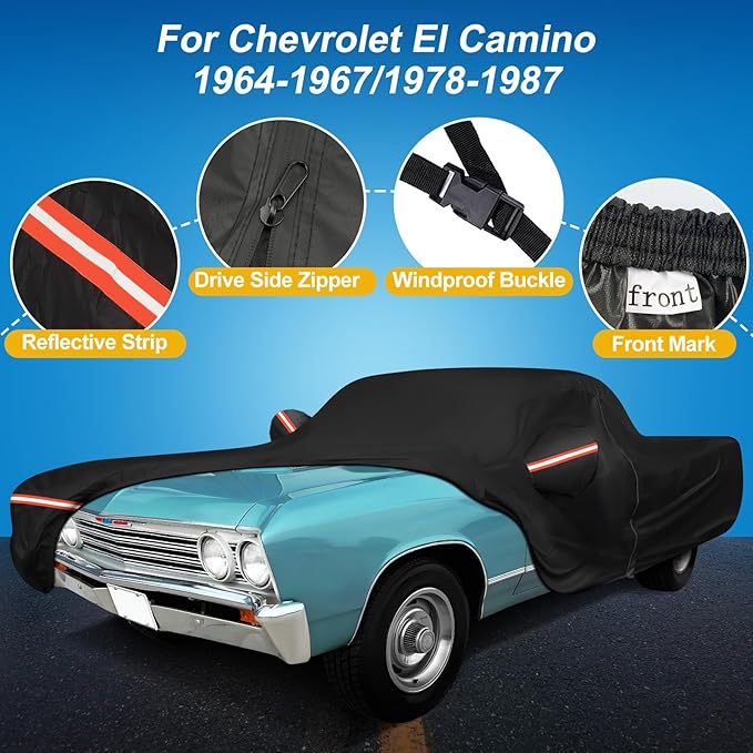 QUNSUNUS Waterproof Car Cover for Chevrolet El Camino 1964-1967/1978-1987, Outdoor Car Cover with Zipper, Full Exterior Car Covers for Automobiles All Weather with Wind, Sun, UV and Dust Protection