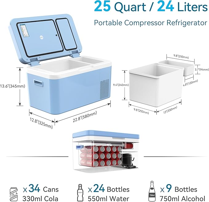 Dual Zone Car Fridge Portable 12 Volt Refrigerator 25 Quart 12V Freezer Compressor Cooler 12V/24V DC 110～240 Volt AC for Truck Van RV Camper SUV and Home Use -18℃~+15℃ (Single Control Function)