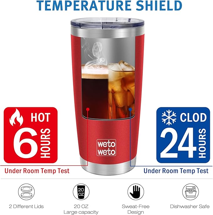 WETOWETO 20oz Tumbler with 2 lids and 2 straws, Stainless Steel Vacuum Insulated Water Coffee Tumbler Cup, Double Wall Powder Coated Leak-proof Travel Mug (Red, 1 Pack)