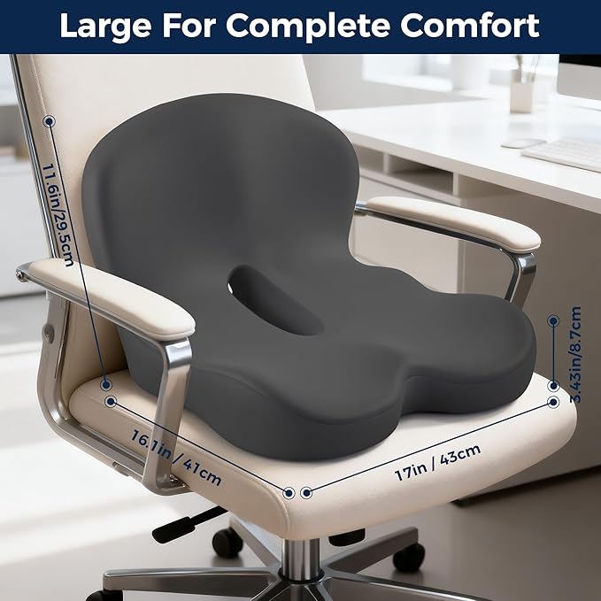 Seat Cushion, Office Chair Cushions for Lower Back Tailbone Protect, Seat Cushions for Office Chair with L-Shaped Ergonomic Design, Memory Foam Chair Cushion for Long Sitting Office Worker(Dark Gray)