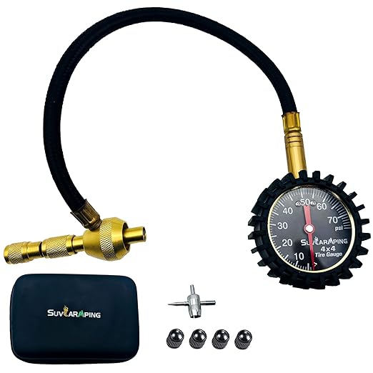 SUVCARMPING 100 PSI Tire Pressure Gauge Accurate Air Pressure Gauge (±2%), for Tires with Large Glow Dial, Valve Cap and Valve Core Tool, Black