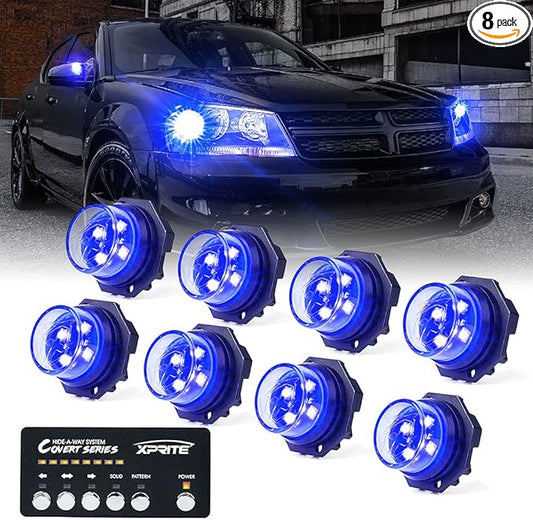 Xprite Blue LED Hideaway Strobe Police Lights Kit, 20 Flashing w/Control Panel Headlights Taillights Mounting, Hazard Warning for Emergency POV Vehicles Volunteer Cars Trucks SUV 8PCS