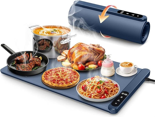 Electric Warming Tray, Food Warming Mat with 6 Level Temperature Settings & 6 Hours Timer, Graphene Full Surface Rapid Heating, Auto Shut-Off, Roll Up Food Warmers for Countertop, Parties