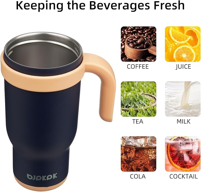 BJPKPK 18 OZ Insulated Travel Tumbler with Handle and Straw, Stainless Steel Water Bottle, Double Wall Vacuum Insulated Mug, for Work, Car, Travel, Navy Blue