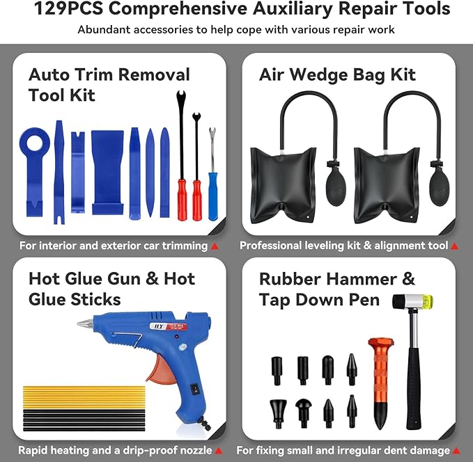 129pcs Dent Puller Kit, Paintless Dent Repair Kit for Dent Removal, Paintless Dent Removal Kit with T-Bar, Bridge Puller, Golden Lifter, Car Dent Puller Kit for Hail Damage Door Ding Fridge