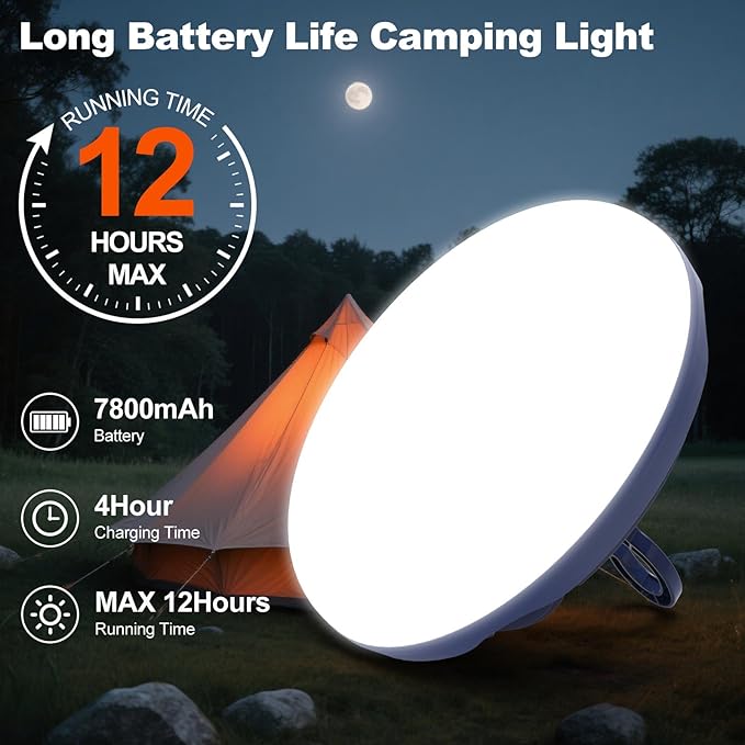 3000LM Portable Camping Light with 7800mAh Battery – 12H Max Run Time, 3 Light Modes Tent Light – Camping Lantern for Hiking, Emergency Use & Hurricane Power Outages (60W(Φ6.29 in))
