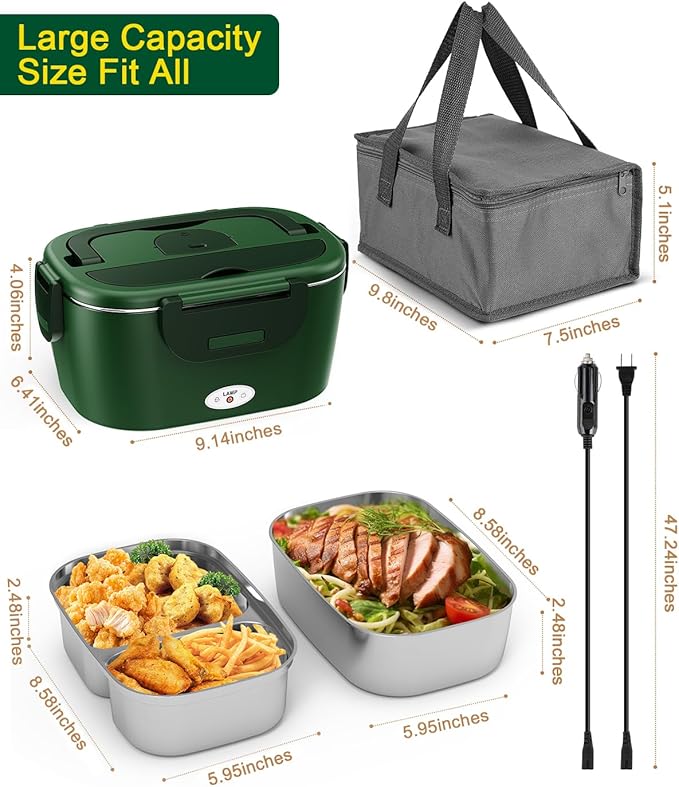 Electric Lunch Box for Men, Women & Adults - 80W Fast Heating - Heated Lunch Box with Dual 1.5L SS Containers - Portable Food Warmer for Car, Truck, Office-GN
