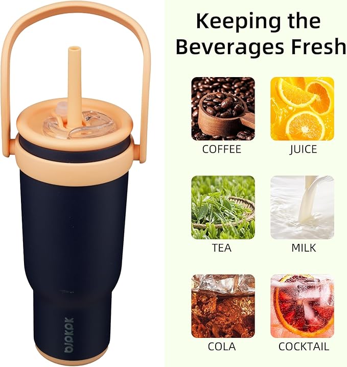 BJPKPK 30 OZ Insulated Travel Tumbler with Handle and Straw, Stainless Steel Water Bottle, Double Wall Vacuum Insulated Mug, for Work, Car, Travel, Navy Blue
