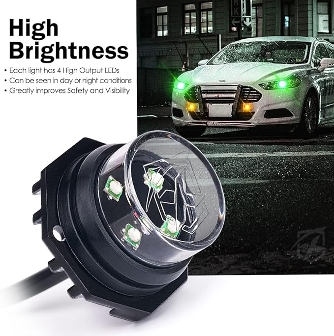 Xprite Amber Green LED Hideaway Strobe Lights Kit 20 Flashing Patterns w/Control Panel Headlights Taillights Fog Marker Light Mounting, for Roadside Emergency Vehicles Trucks SUV Vans 12V Cars 4 PCs