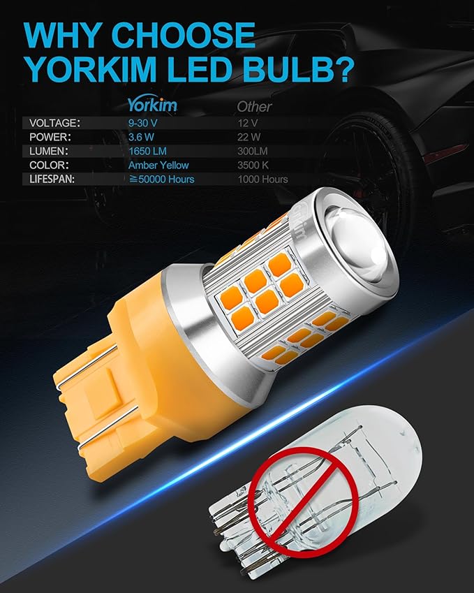 Yorkim 7443 led bulb amber, 7440 led bulb amber 7444na 7440 led with Projector Replacement for automotive Turn Signal Blinker Lights Side Marker Lights, Amber Yellow, pack of 2