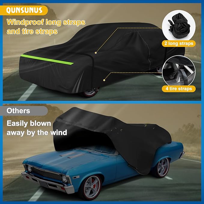 QUNSUNUS Waterproof Car Cover for Chevy Nova 2-Door 1968-1979, Outdoor Car Covers with Zipper, All Weather Cover with Straps and Elastic Edges for Wind, Sun, UV and Dust Protection