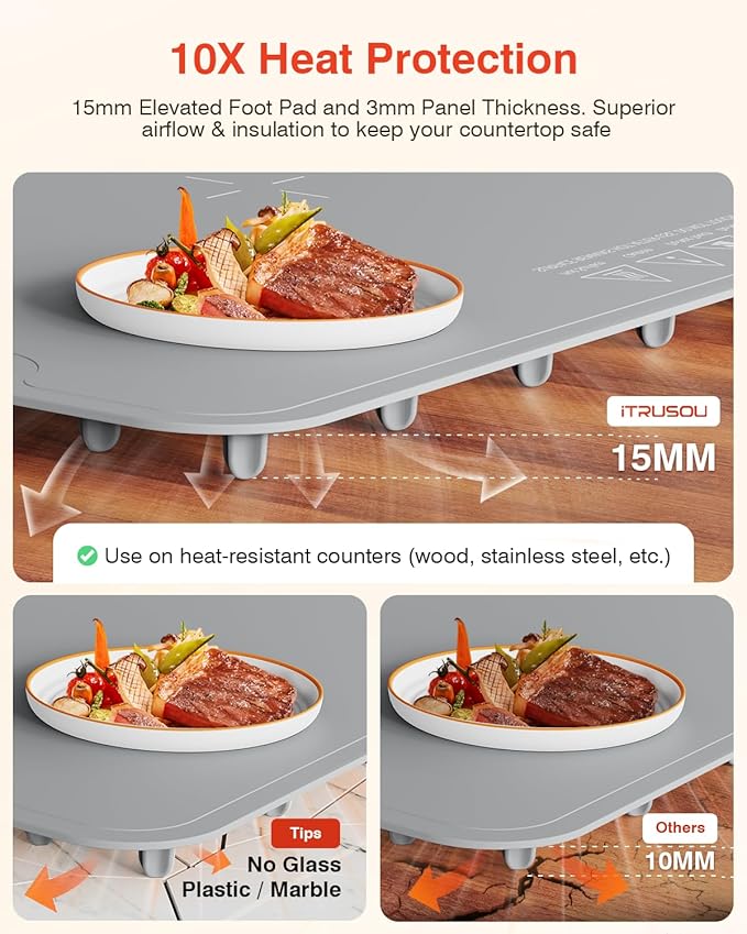 Warming Mat for Food, iTRUSOU Electric Warming Tray with 1–99H Timer, 7 Temp Settings, Patented Full-Surface Heating, °F/°C Switch, Flexible Roll-Up Food Warmers for Parties Buffet, Everyday Use