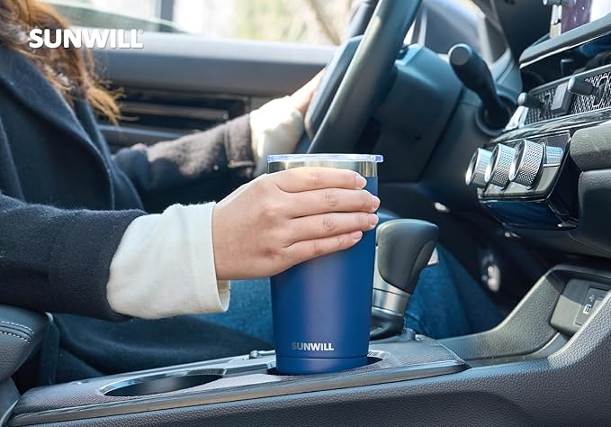 SUNWILL Travel Coffee Mug with Lid, 20 oz Tumbler Set of 2, Insulated Stainless Steel Cup for Water, Tea, Powder Coated Wine & Navy