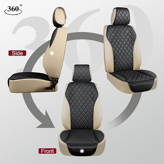 2PCS Leather Car Seat Covers, Front Seat Covers with Steering Wheel Cover and Two Seat Belt Pads, Waterproof Seat Protector for Cars Universal Fit 95% Vehicles (Black)