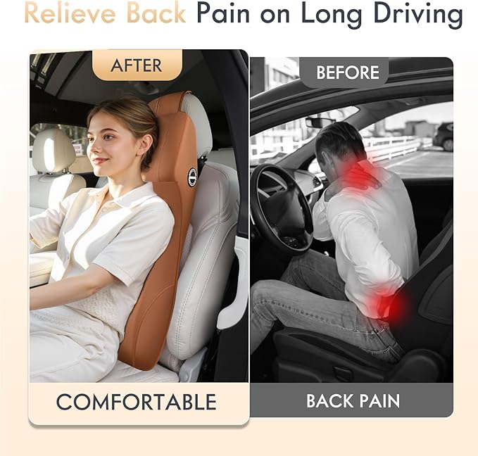 FLORICH Car Seat Lumbar Support with Headrest Pillow Memory Foam Car Lumbar Pillow Back Support Cushion 2-in-1 Ergonomic Back Rest Pillow & Car Neck Pillow for Driving Tailbone Pain Relief, Brown