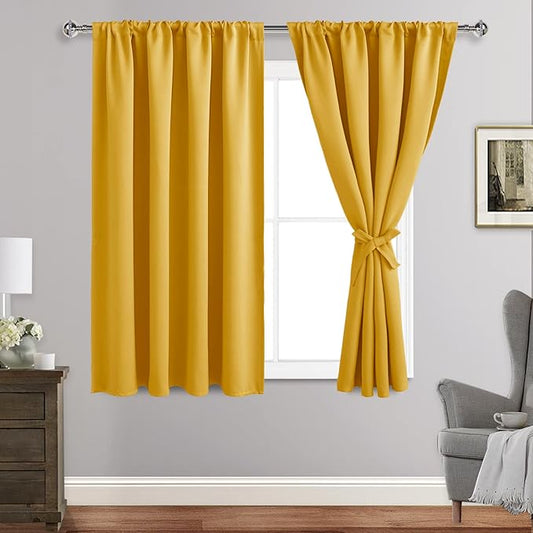 JIUZHEN Blackout Curtains for Bedroom - Thermal Insulated Room Darkening Noise Reducing, 52 x 45 Inch Length Curtains for Living Room, Set of 2 Panels with Tiebacks, Mustard Yellow