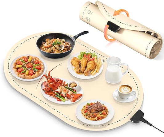 Warming Mat for Food,Temperature Adjustable Food Warmers for Parties Buffet with Timer,Silicone Food Warming Trays with Heat Proof Base,Roll Up Food Heating Mat for Home & Travel(Beige)
