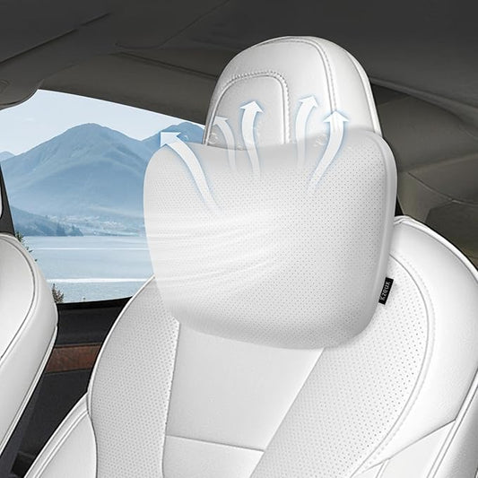 Upgraded Car Seat Neck Pillow - Adjustable Height Headrest Cushion - for Tesla Models 3/Y/S/X High Elastic Pearl Cotton Interior and Ventilated Nappa Leather - Neck Pain Relief (1 Pack White)