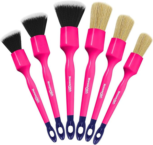YeewayVeh 6PCS Car Detailing Brush Set, 3pcs Boars Hair Detailing Brushes, 3pcs Ultra Soft Detail Brush for Leather Seat Air Vents Engine Bay, Detail Brushes Car Detailing for Interior Exterior, Pink