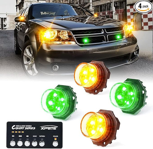Xprite Amber Green LED Hideaway Strobe Lights Kit 20 Flashing Patterns w/Control Panel Headlights Taillights Fog Marker Light Mounting, for Roadside Emergency Vehicles Trucks SUV Vans 12V Cars 4 PCs