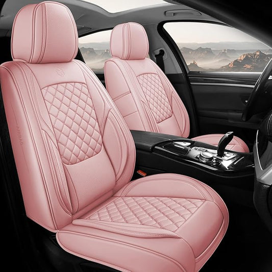 Premium Leather Car Seat Covers, Universal Fit for Cars SUVs Trucks and Sedans, Waterproof Car Seat Cushion with Airbag Compatible & Scratch-Resistant, Pink Seat Covers for 5 Seats