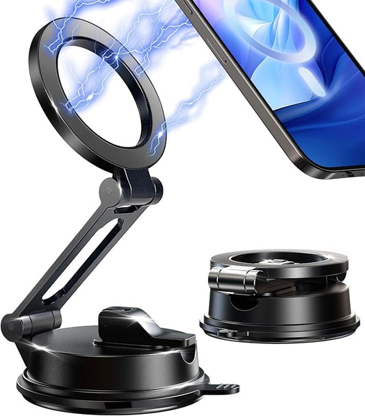 【Vacuum Suction Folding Car Mount】 Magnetic Car Phone Holder for magsafe, Aerospace Alloy Arm, Best Dashboard/Windshield/Screen Holder for Your Car/Tesla/Gym/Mirror/Shower/Smooth Surface/iPhone
