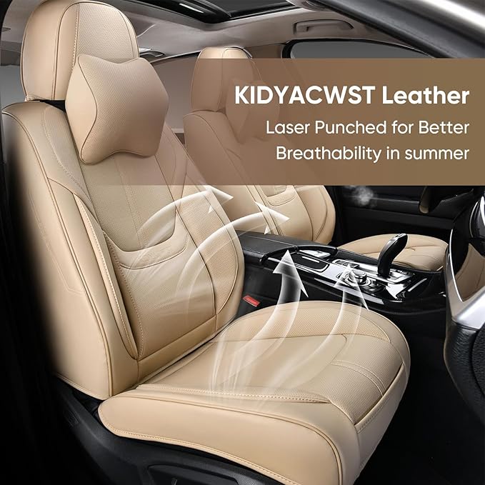 Auto Car Seat Covers Accessories Full Set Leather Cushion Protector Breathable Waterproof Seat Cover for Cars Universal Fit (Beige, Front Pair and Rear)