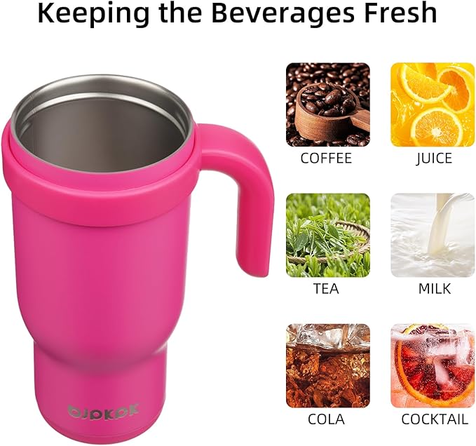 BJPKPK 18 OZ Insulated Travel Tumbler with Handle and Straw, Stainless Steel Water Bottle, Double Wall Vacuum Insulated Mug, for Work, Car, Travel, Rose Red