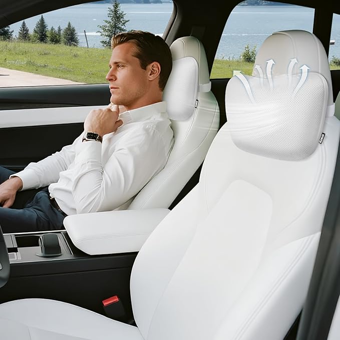 Upgraded Car Seat Neck Pillow - Adjustable Height Headrest Cushion - Fits Tesla Model 3/Y/S/X High Elastic Pearl Cotton Interior and Ventilated Nappa Leather - Neck Pain Relief (2 Pack White)