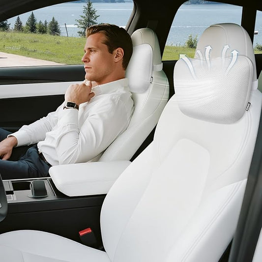 Upgraded Car Seat Neck Pillow - Adjustable Height Headrest Cushion - Fits Tesla Model 3/Y/S/X High Elastic Pearl Cotton Interior and Ventilated Nappa Leather - Neck Pain Relief (2 Pack White)