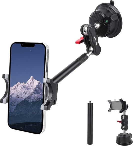 Suction Cup Car Phone Mount, 360°Rotating Car Phone Holder Video Recording, Universal Ball Head Arm for Cellphone Car Holder, Heavy Duty Car Phone Mount for Dashboard, Windshield-SJ003 (Extended)