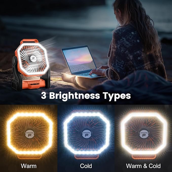 Odoland Rechargeable Camping Fan, 20000mAh Battery Fans with LED Lantern for Tent Car Beach Storm, Portable Light Desk Cooling Fan for Picnic Power Outage Hurricane, Orange