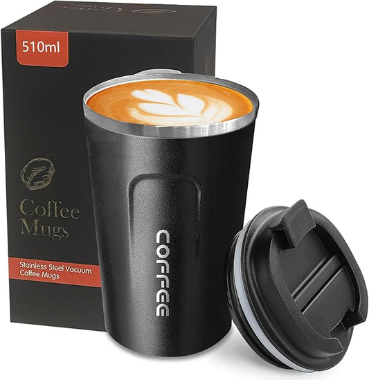 YINBAOGE Insulated Travel Coffee Mug, Spill & Leak Proof, Portable To Go Camping Stainless Steel Coffee Tumbler, Reusable Thermal Coffee Cup with Lid for Hot & Cold Drinks (2nd-Black, 17 OZ)