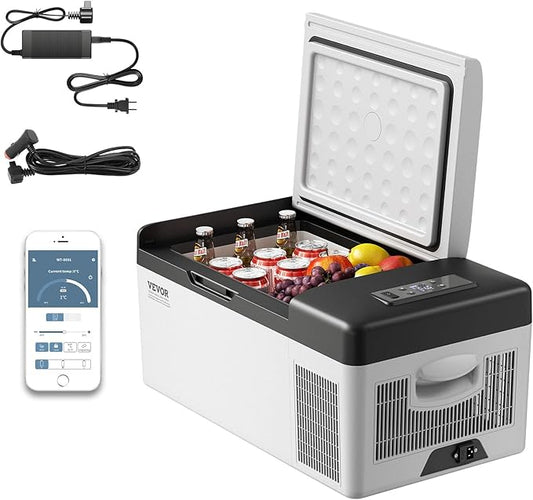 VEVOR 12 Volt Refrigerator 16 Qt, Gre,Portable Mini Car Fridge with -4℉-68℉ Cooling Range & App Control 12/24V DC & 110-240V AC Electric Compressor Cooler for Truck Vehicle RV Boat Outdoor & Home Use