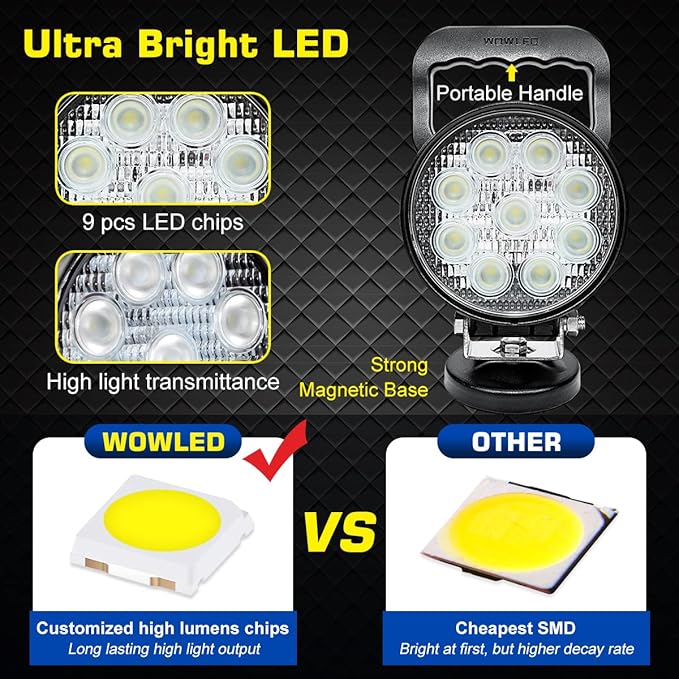 WFPOWER Magnet Light Bar, Magnetic Base, Cigarette Lighter Powered, Portable LED Flood Light Work Lamp for Car Off-road SUV Trailer Tractor Truck Engineering Maintenance Garage Camping (27W Round)