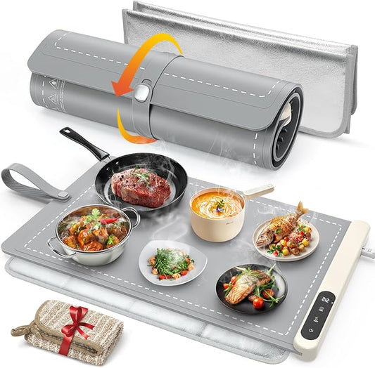 FYY Warming Mat for Food with Heat Resistant Pad, Prevent Countertop Cracks, Keep Meal Warm, Rapid and Full Surface Heating, 6 Temp Settings, 6H Timer, Upgraded Rollable Portable Food Warmer Mat Grey