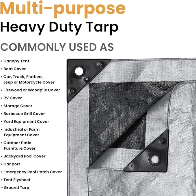 WHITEDUCK Super Heavy Duty Poly Tarp Cover 16 Mil & 10 Mil with Grommets and Reinforced Edges (Brown, White & Silver Black) (Silver Black- 16 Mil, 20' x 30')