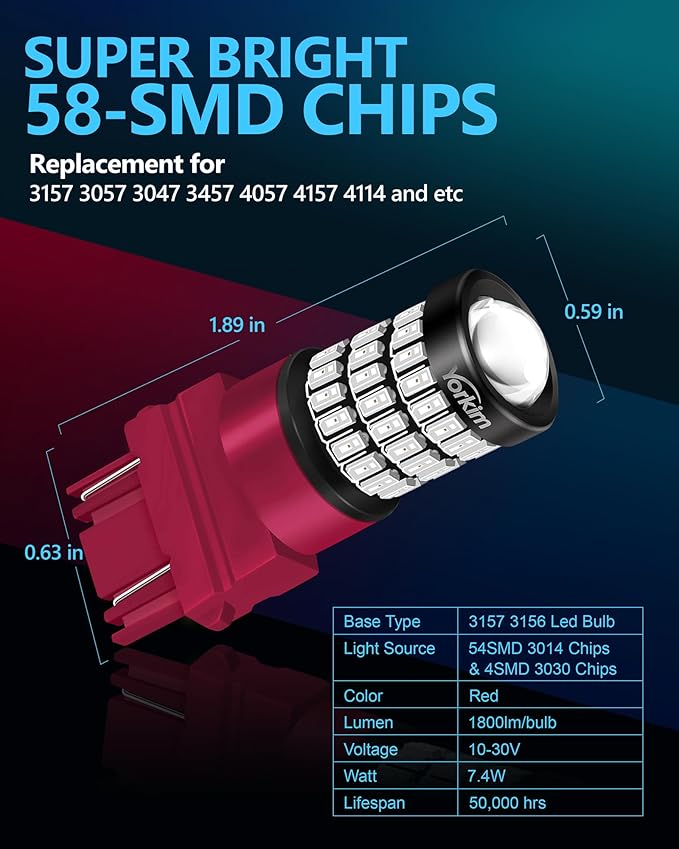 Yorkim 3157 Led Bulb Red 3157 Led brake bulb tail lights 3157 blinking brake lights with Projector 3056 3156 3057 4057 4157 T25 Led Bulbs red, Pack of 2