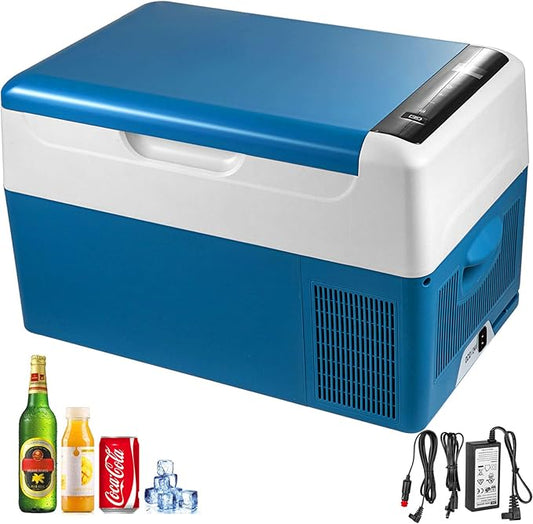 VEVOR Portable 23 Quart(22 Liter) 12 Volt App Control(-4℉~68℉), Car Refrigerator Electric Compressor Cooler with 12/24v DC & 110-240v AC for Camping, Travel, Fishing, Outdoor, White+Blue