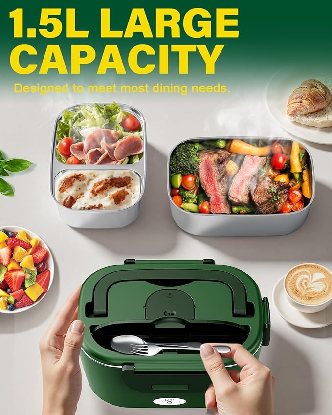 Electric Lunch Box for Men, Women & Adults - 80W Fast Heating - Heated Lunch Box with Dual 1.5L SS Containers - Portable Food Warmer for Car, Truck, Office-GN