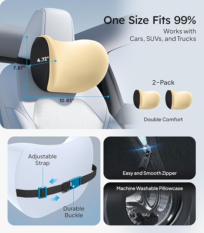 Wigoo 2025 Upgrade Car Neck Pillow [No More Pressure, Odorless] Soft Car Headrest Pillow with Adjustable Strap Removable Cover 100% Memory Foam, Fits All Vehicles (Beige 2-Pack)