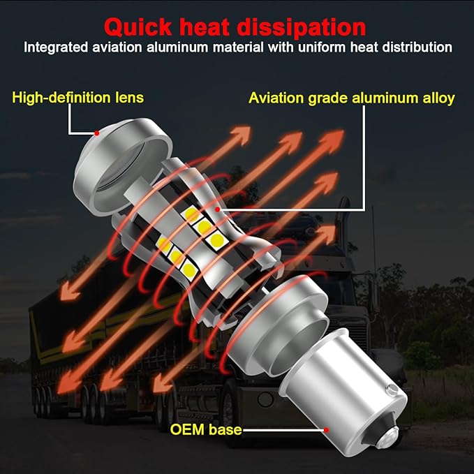 1156 P21W BA15S LED Backup Reverse Light Bulbs for Freightliner Cascadia Coronado Columbia M2 106 112 FL50/60/70/80/106/112, 6000K White High Power Brightness Error Free, Pack of 2