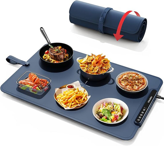 Warming Mat for Food, iTRUSOU Electric Warming Tray with 1–99H Timer, 7 Temp Settings, Patented Full-Surface Heating, °F/°C Switch, Flexible Roll-Up Food Warmers for Parties Buffet, Everyday Use