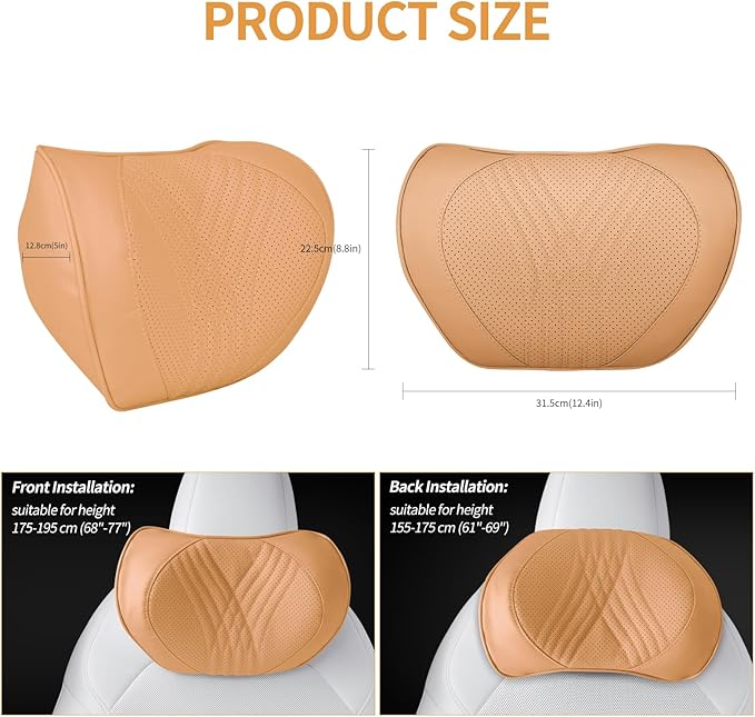 Car Neck Pillow Memory Foam Premium Leather Headrest Neck Support Cushion Universal for Driving Home Office, Palomino Brown,1PC
