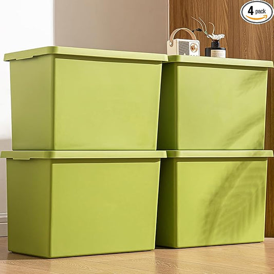 4 packs Green Storage File Boxes, Plastic Shelf Baskets,Stackable Boxes with Lid Buckles,Garage container, art bin,Office,Bedroom Storage Bins for Organizing clothes,books,snacks,sundries,outdoors