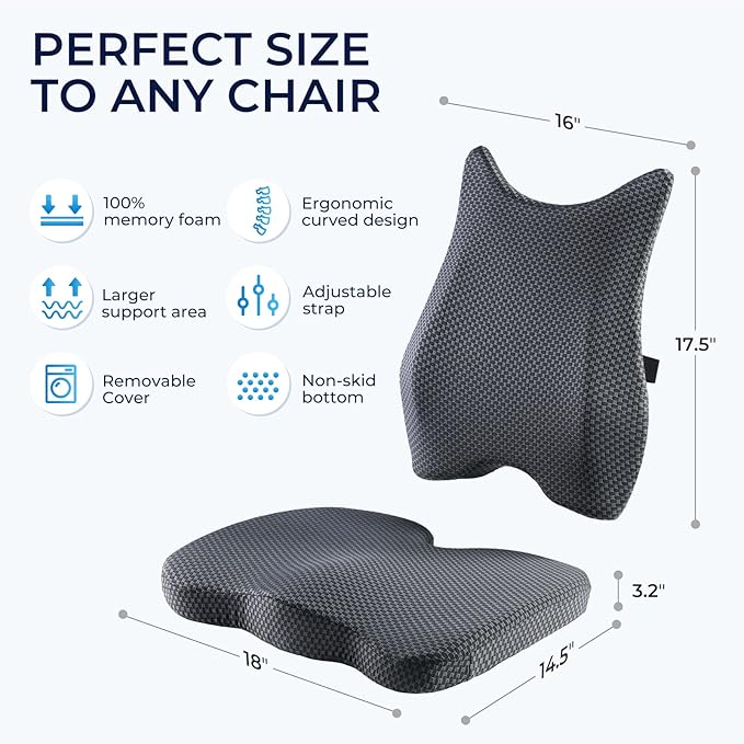 Seat Cushion & Lumbar Support Pillow: Memory Foam Chair Pad Back Cushion for Office Chair Car Seat Wheelchair Travel, Reduce Tailbone Pressure and Improve Comfort, Orthopedic Sciatica Hip Pain Relief
