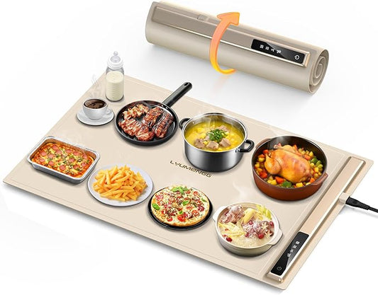Warming Mat for Food,10s Rapid Warm Food Warming Mat,3-Temp Portable Food Warmer,Fast Heating BPA-Free Auto Shut Off Chafing Dishes For Buffet,Roll Up Food Warmers For Parties Buffet White