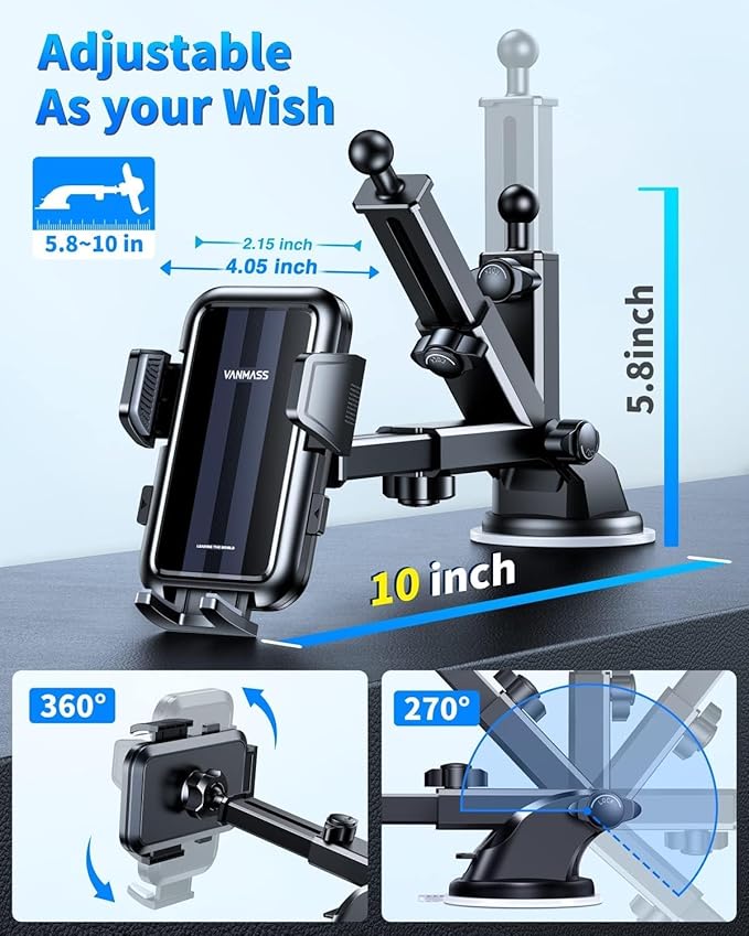 VANMASS 2025 Upgraded Car Phone Mount, [85+ LBS Strongest Suction] Patent Safety Cell Phone Mount Windshield Dashboard Vent Truck Accessories Stand Cradle for iPhone 16 Pro Max 15 14 13 Android